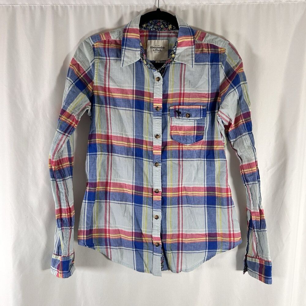 Abercrombie Fitch Shirt Women's Small Rainbow Plaid Button Up Long Sleeve Light